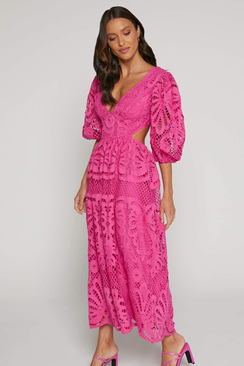 Lace Deep V-Neck Puff Sleeve Waist Cut Out Tiered Midi Dress 5