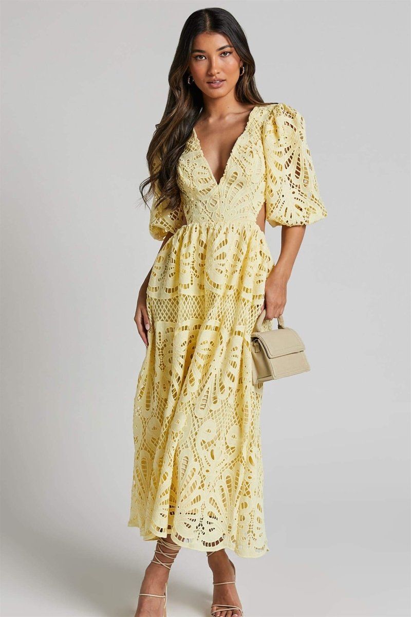 Lace Deep V-Neck Puff Sleeve Waist Cut Out Tiered Midi Dress 12