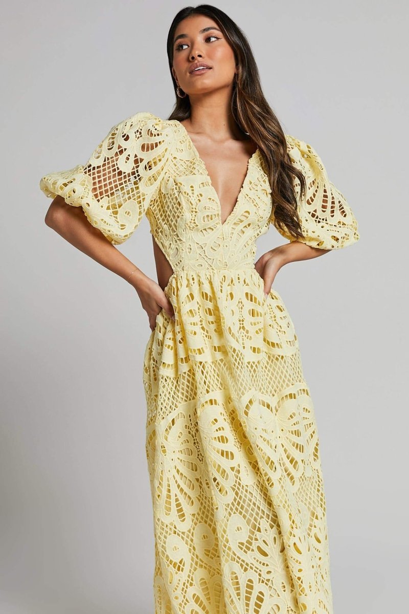 Lace Deep V-Neck Puff Sleeve Waist Cut Out Tiered Midi Dress