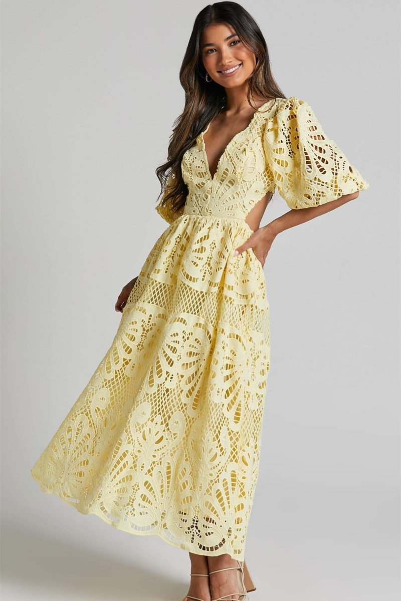 Lace Deep V-Neck Puff Sleeve Waist Cut Out Tiered Midi Dress 2