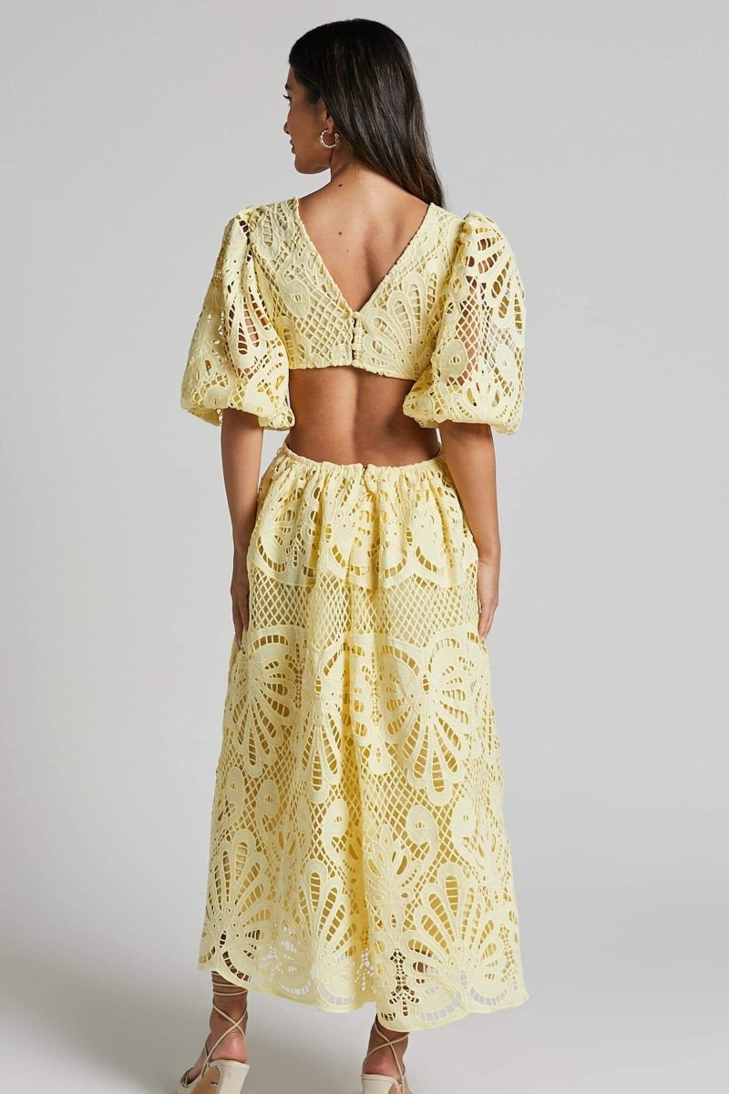 Lace Deep V-Neck Puff Sleeve Waist Cut Out Tiered Midi Dress 4