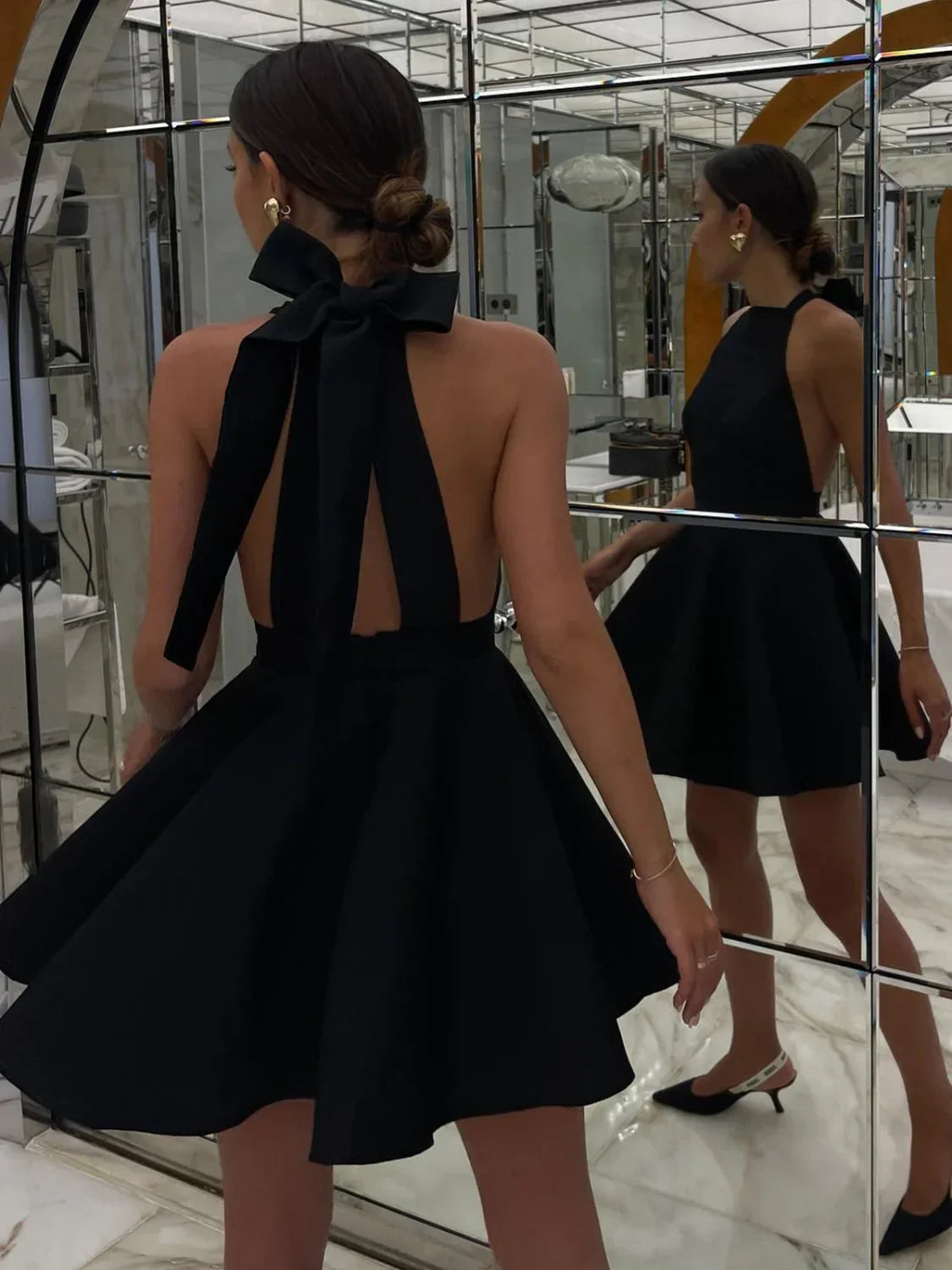 Black Satin Knotted Doule Pockets Open Back Pleated Mini Dress 15