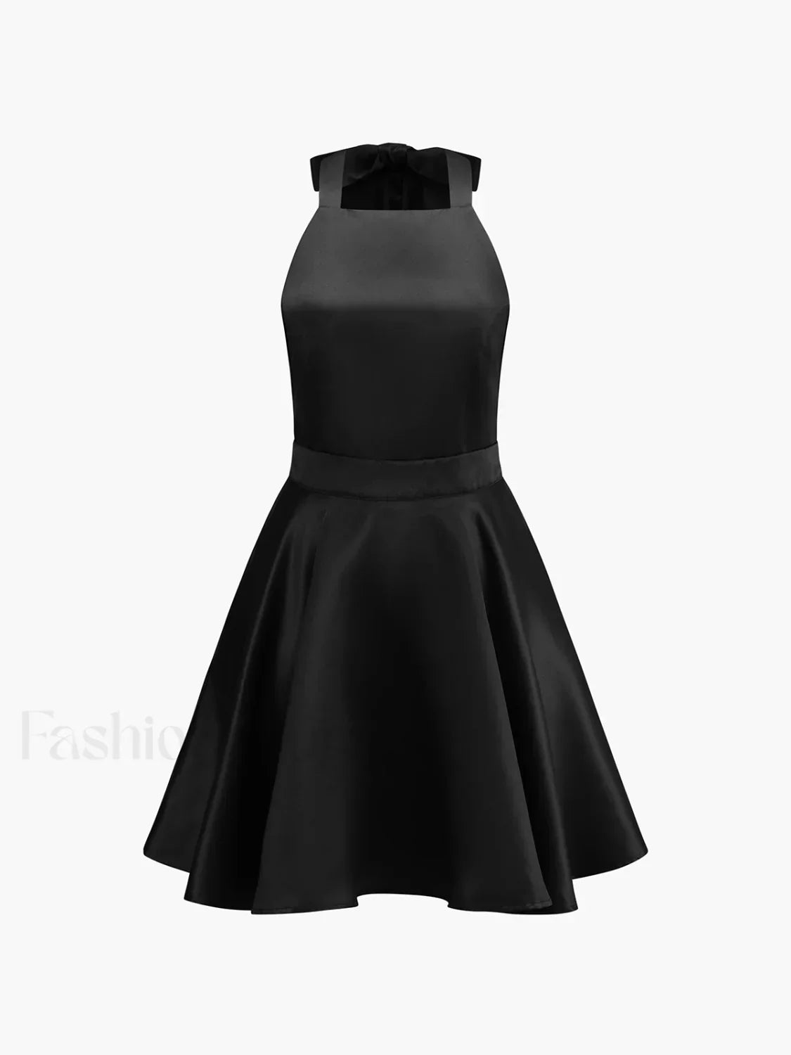 Black Satin Knotted Doule Pockets Open Back Pleated Mini Dress 7