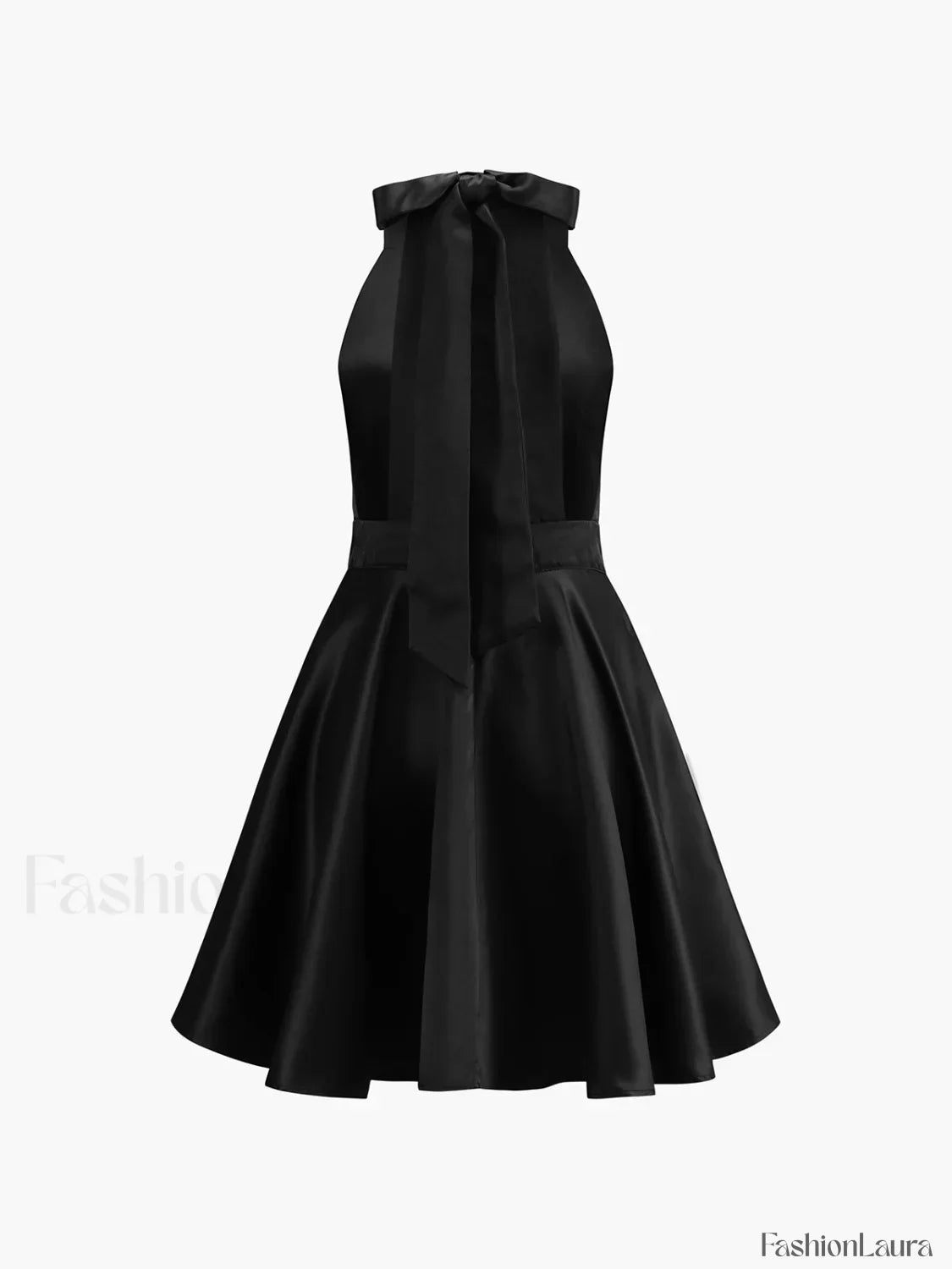 Black Satin Knotted Doule Pockets Open Back Pleated Mini Dress 23