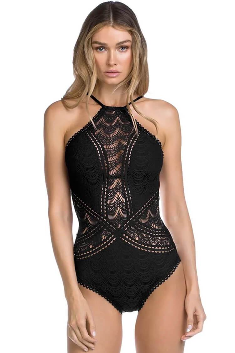 Scalloped Low Back High Neck Lace One Piece Swimsuit