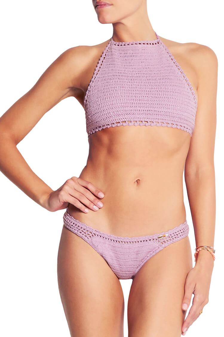 Scalloped Crochet High Neck Bikini Swimsuit - Two Piece Set