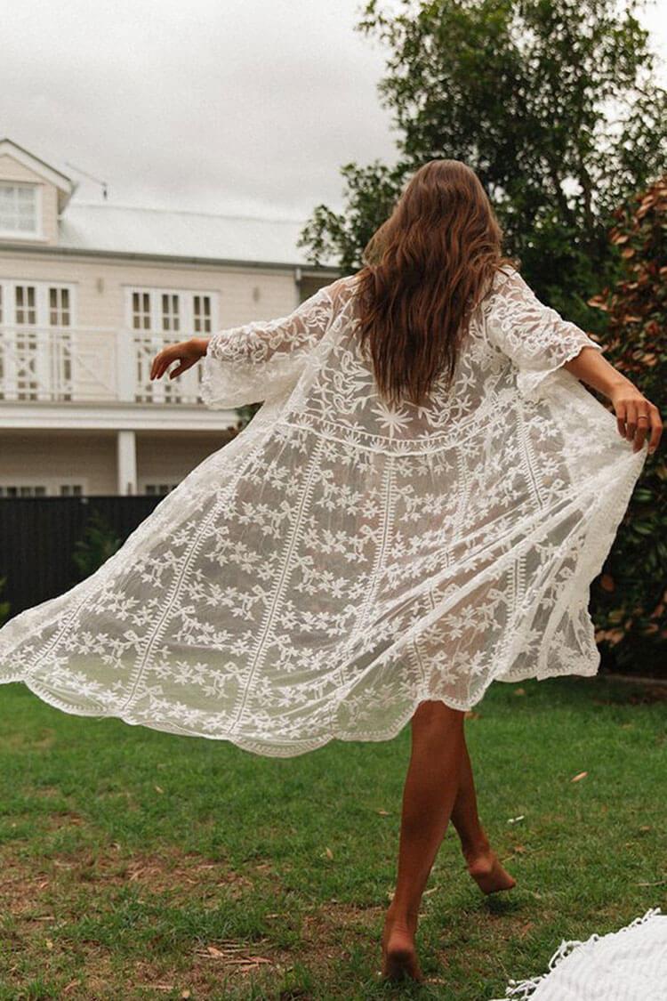 Scalloped Crochet Lace Half Sleeve Sheer Maxi Cover Up