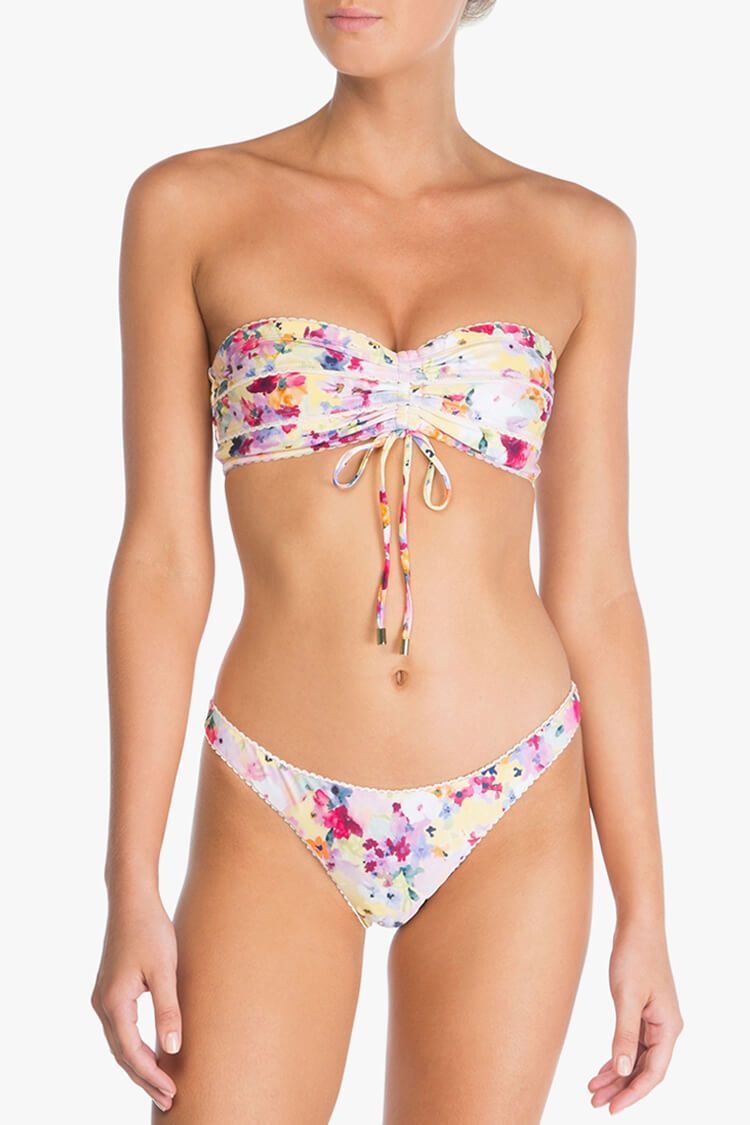 Scalloped Floral Printed Bandeau Bikini Swimsuit - Two Piece Set