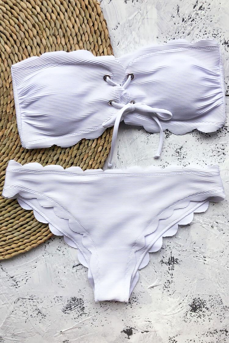 Scalloped Lace Up Ribbed Bandeau Bikini Swimsuit - Two Piece Set