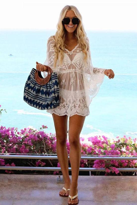 Scalloped Sleeved Lace Crochet Sheer Cover Up