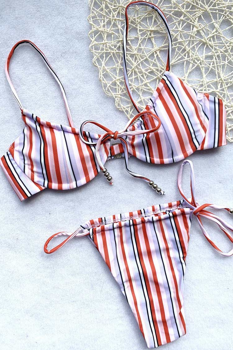 Self Tie Stripe Push Up Bikini Swimsuit - Two Piece Set