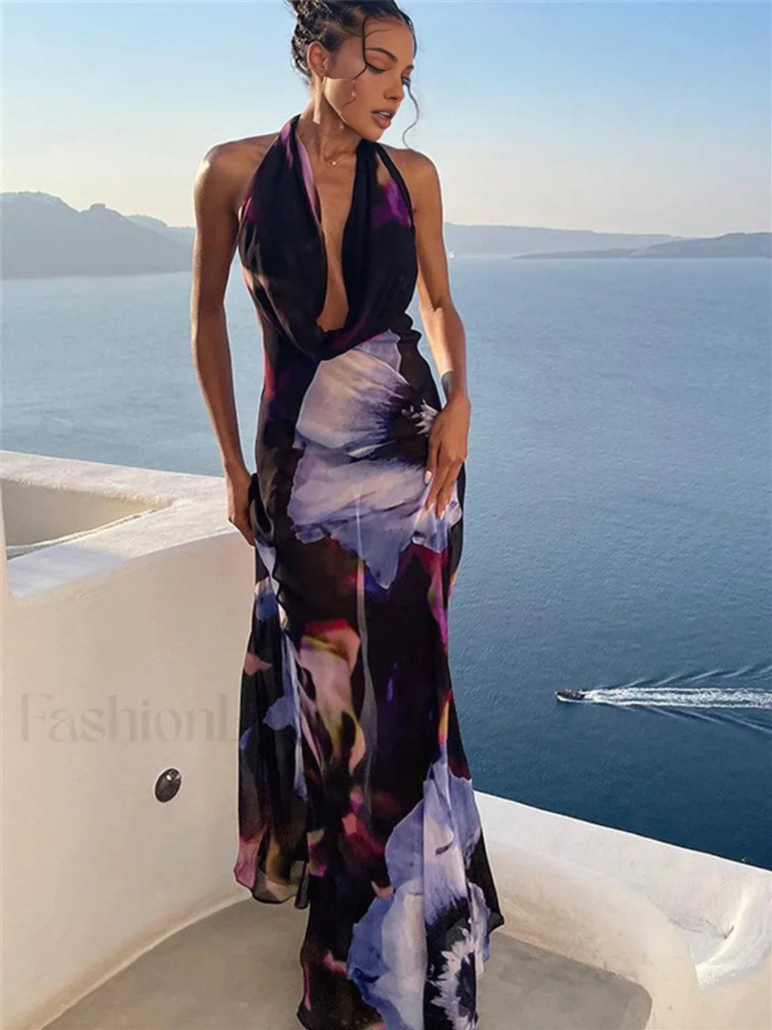 Black Semi-sheer Print Backless Halter Dress 8