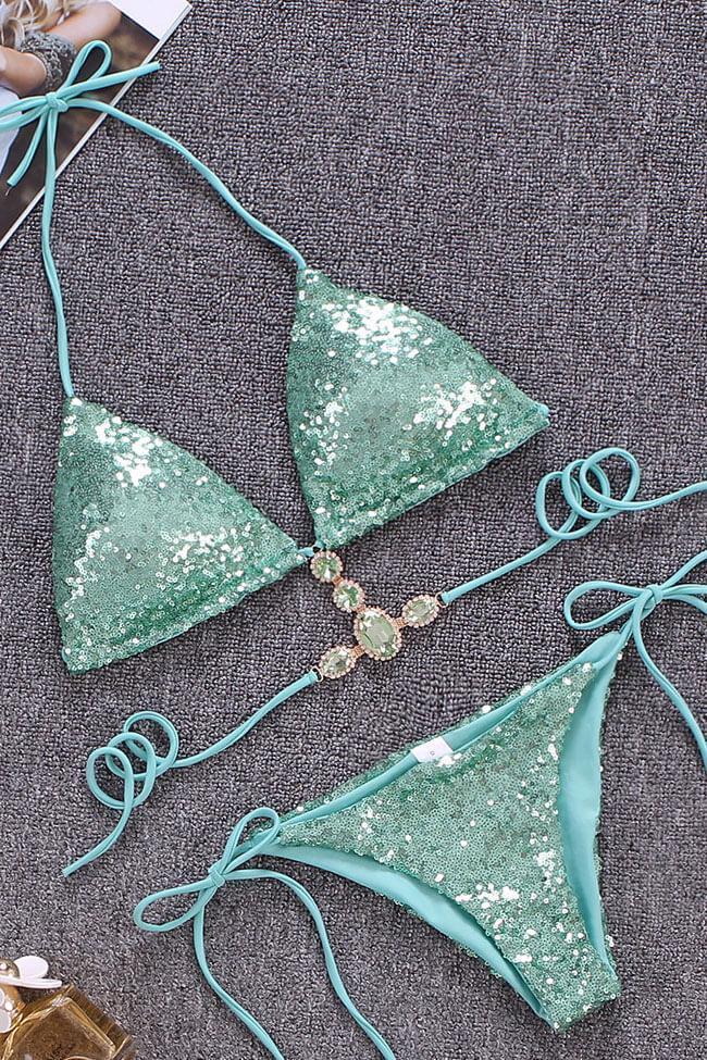 Sequin Rhinestone Slide Triangle Bikini Swimsuit - Two Piece Set