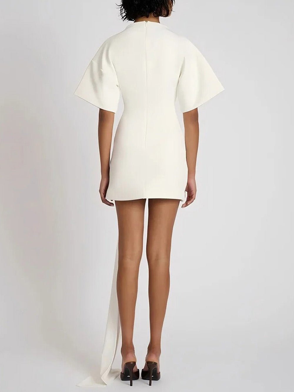 Mock Neck Flutter Sleeve Ruched Hip Brooch Detail Bodycon Mini Dress 2
