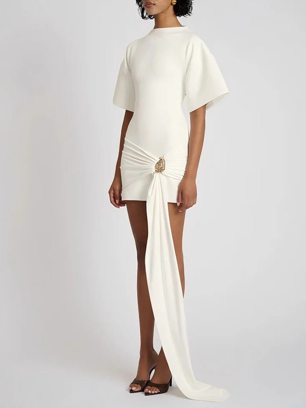 Mock Neck Flutter Sleeve Ruched Hip Brooch Detail Bodycon Mini Dress 3