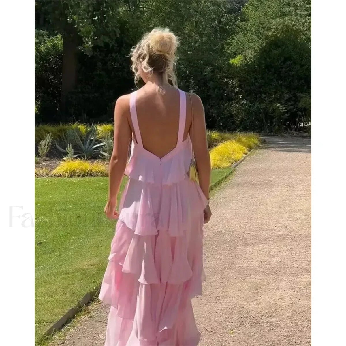 Pink Backless Layered Ruffles Floral Dress 5