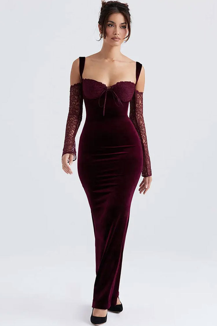 Bow-Tie Sweetheart Velvet Lace Cup Detached Sleeve Cold-Shoulder Maxi Gown