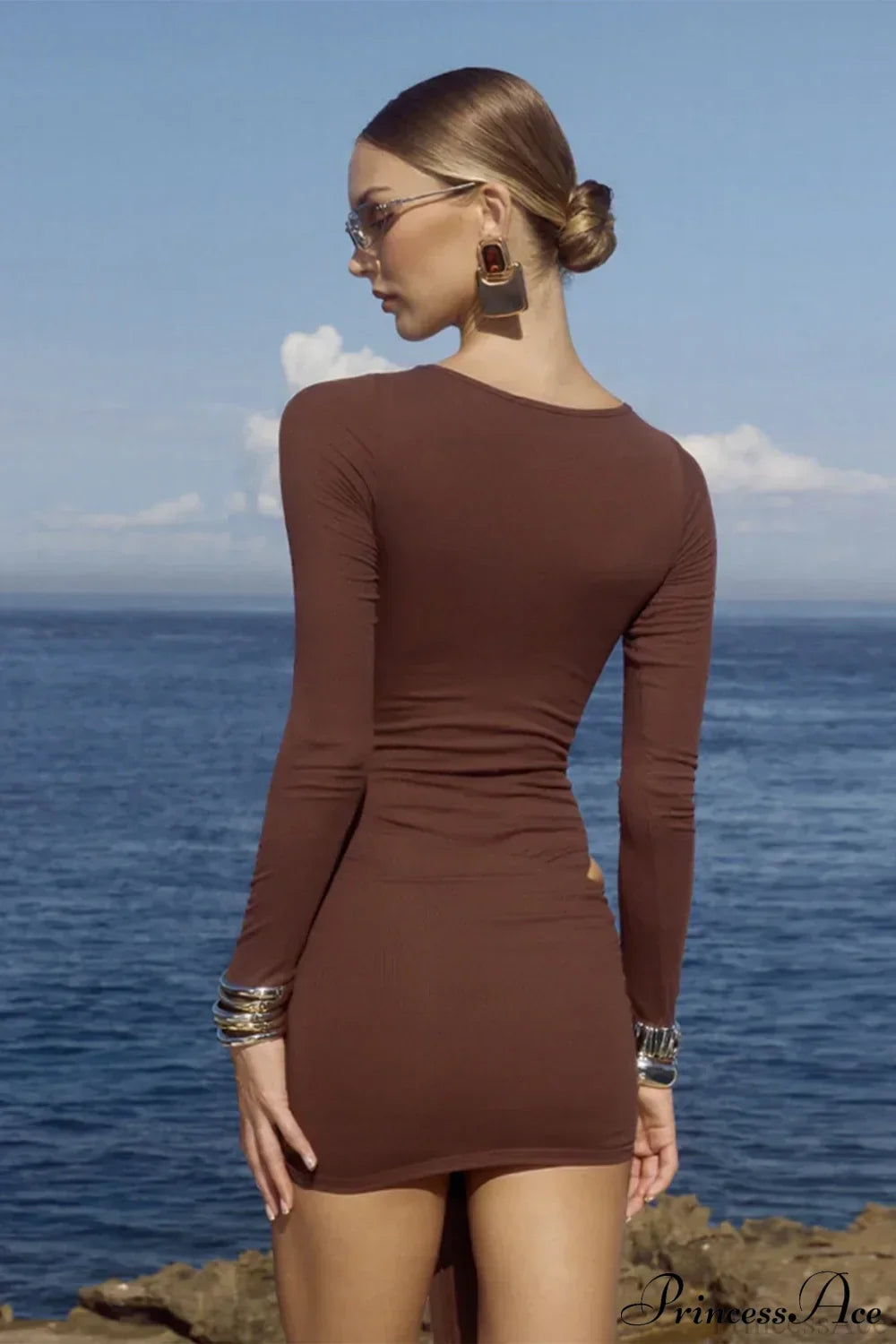 Boat Neck Long Sleeve Bodycon Mini Dress and Wrap Knot Mini Skirt Set 3