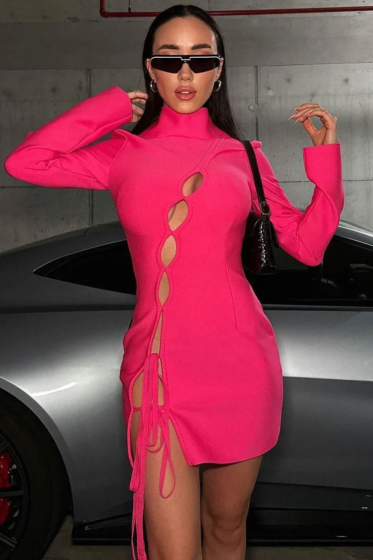 Cutout Bow Tie High Neck Long Sleeve Bandage Mini Dress