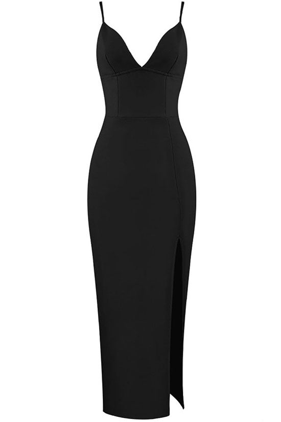 Sweetheart Plunge V-Neck Spaghetti Strap High Slit Bandage Maxi Dress 3