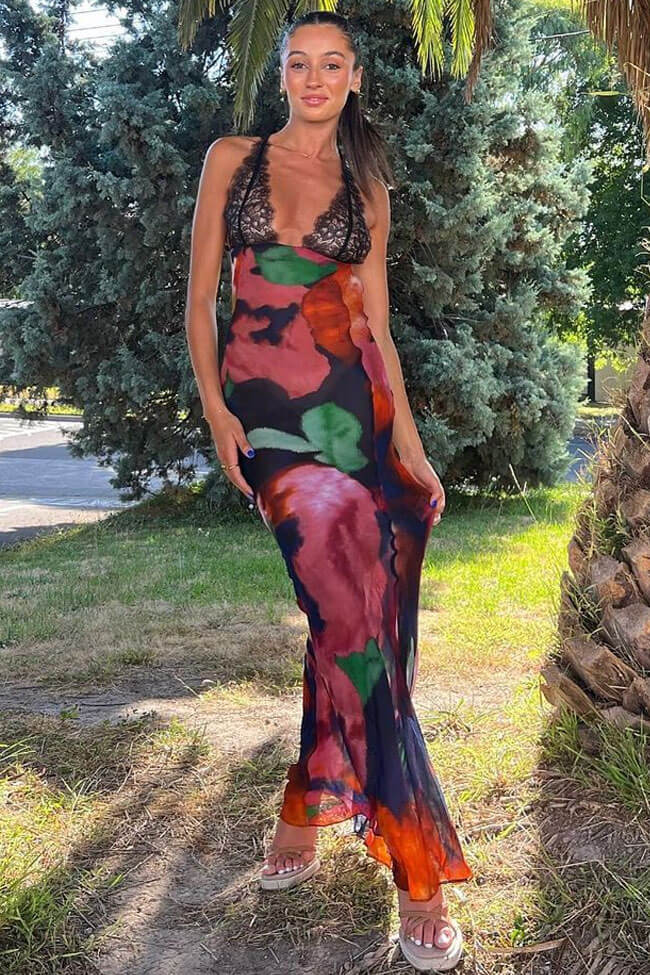Lace Bodice Halter Deep V-Neck Abstract Floral Print Fishtail Maxi Dress 2
