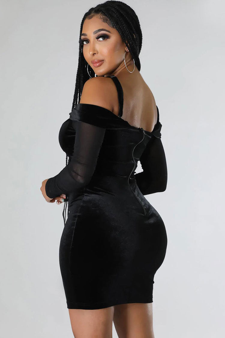 Sweetheart Neck Corset Boning Sheer Mesh Long Sleeve Velvet Bodycon Mini Dress 3