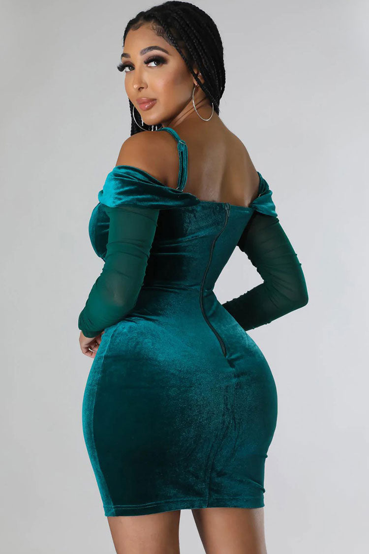 Velvet Corset Boning Off-Shoulder Sheer Ruched Long Sleeve Mini Dress 3