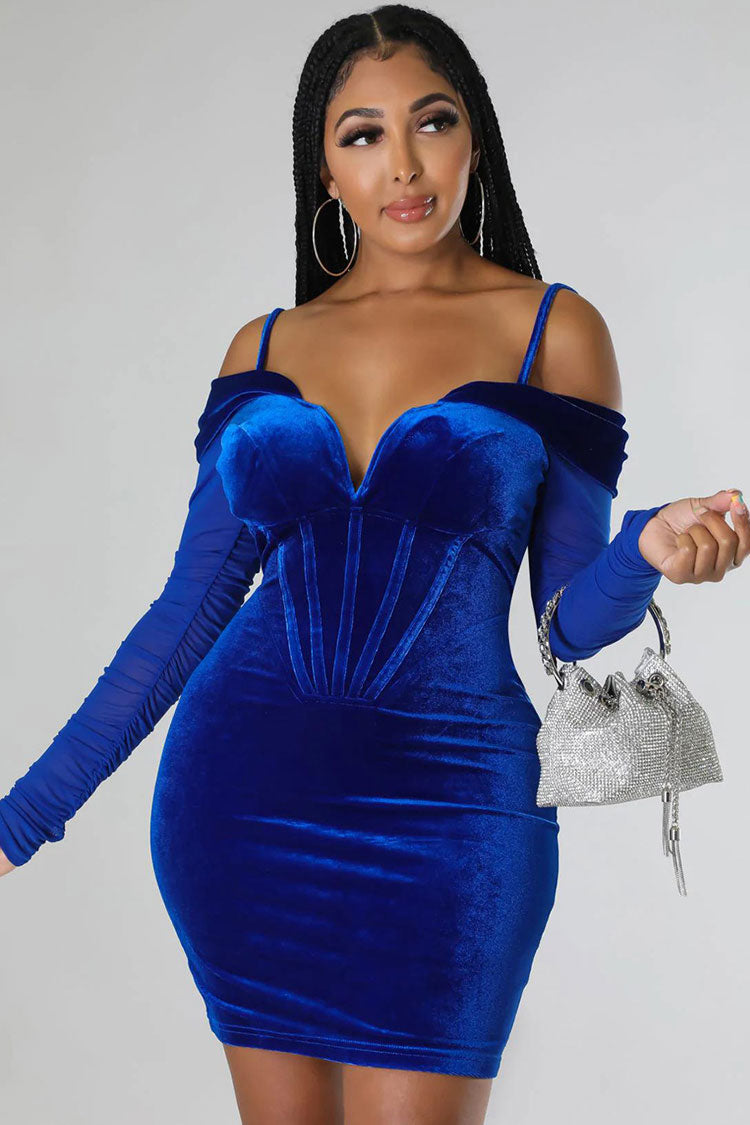 Velvet Corset Boning Sweetheart Off-Shoulder Sheer Sleeve Mini Dress 2