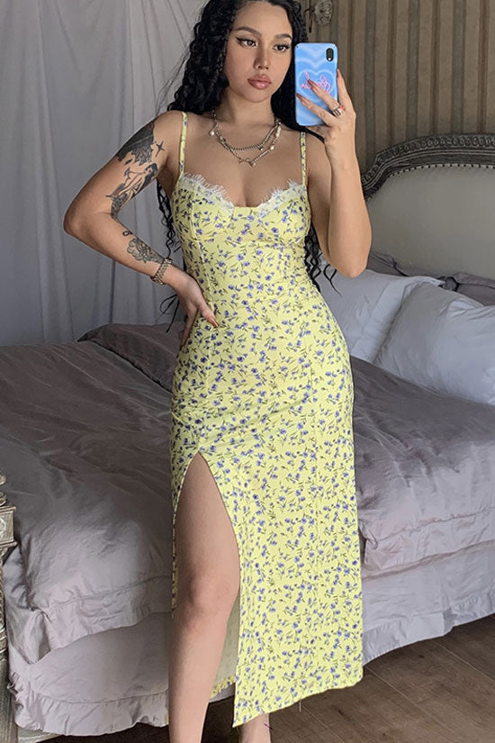 Lace Trim Sweetheart Spaghetti Strap Floral Print High Split Bodycon Midi Dress 4