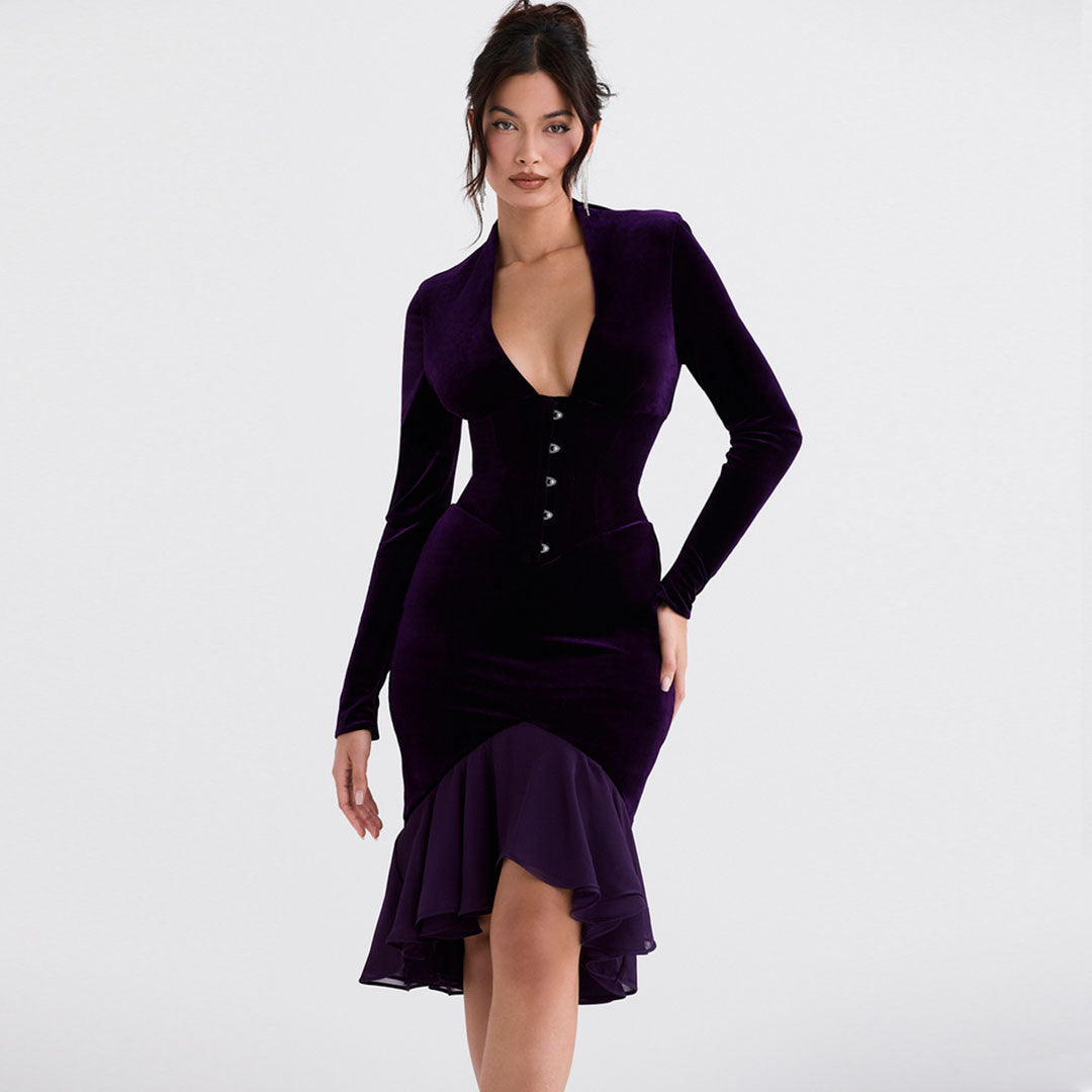 High Low Mesh Panel Ruffle Hem Long Sleeve Velvet Mini Dress
