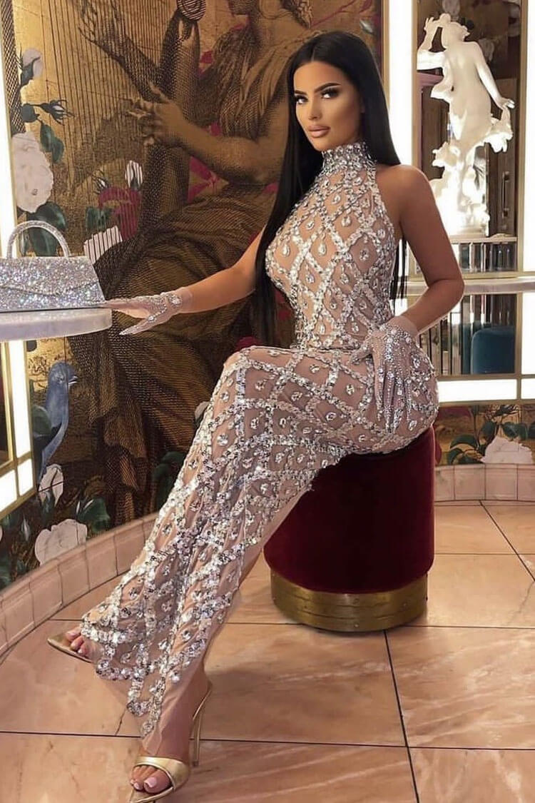 Mock Neck Sleeveless Sheer Mesh Rhinestone Lattice Maxi Gown