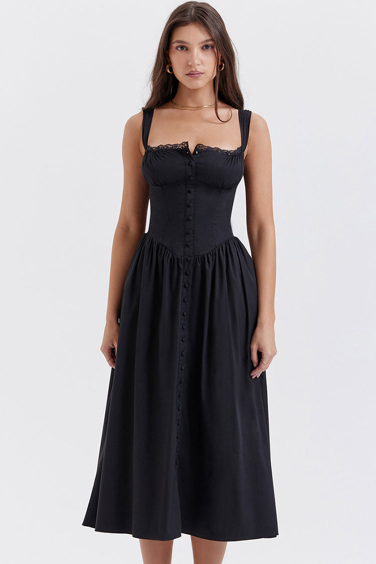 Square Neck Lace Trim Button Front Fit and Flare Midi Dress