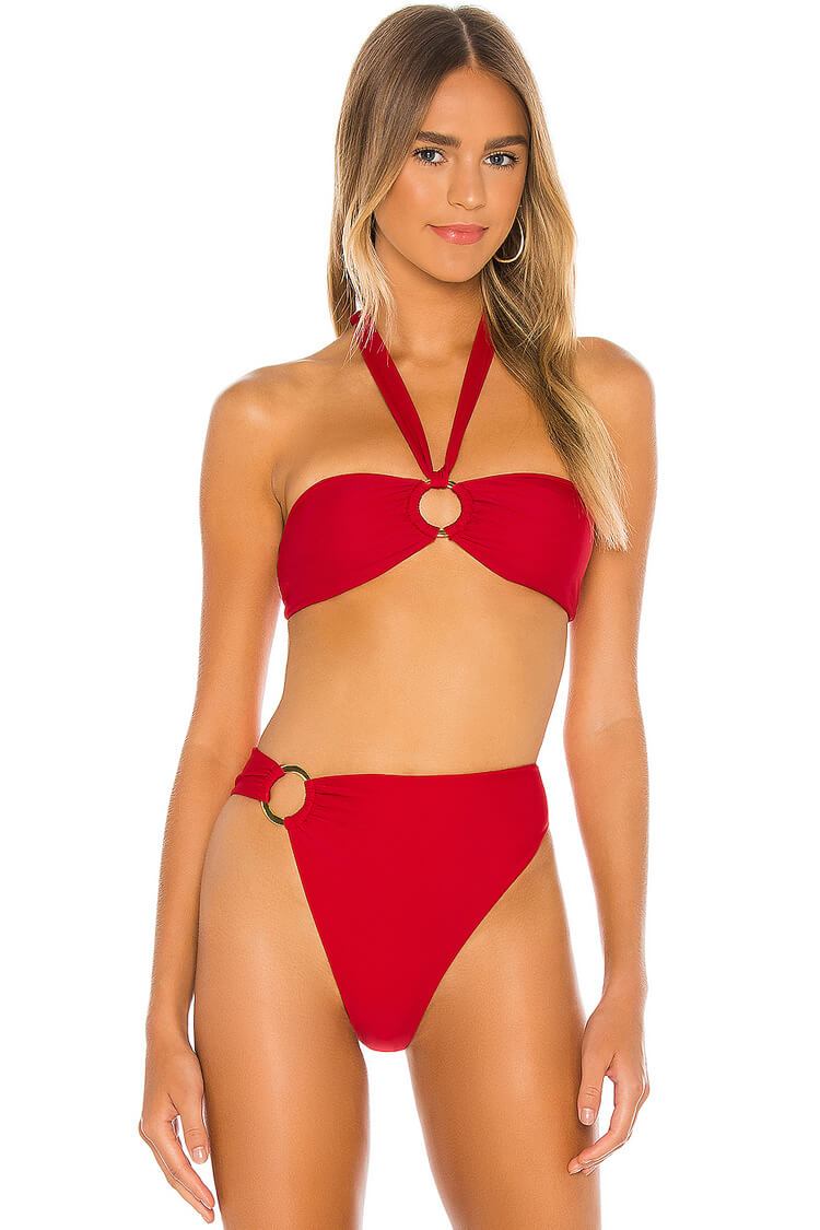Sexy Loop High Leg Halter Bandeau Bikini Swimsuit - Two Piece Set