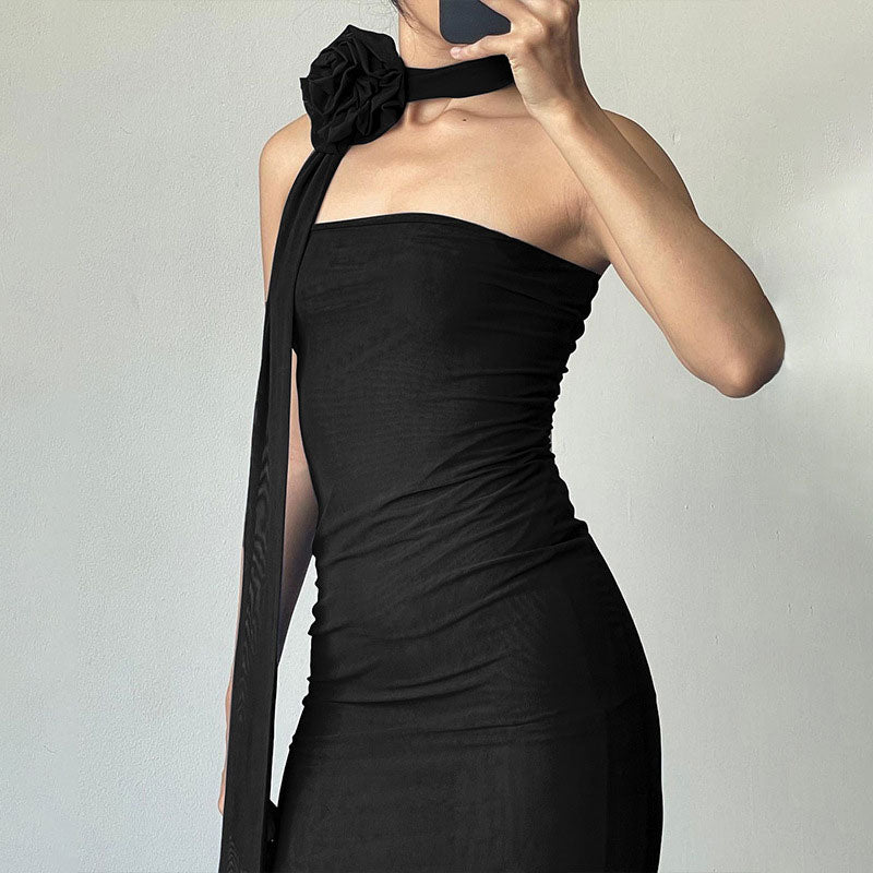 Strapless 3D Floral Choker Shoulder Strap Bodycon Midi Dress 2