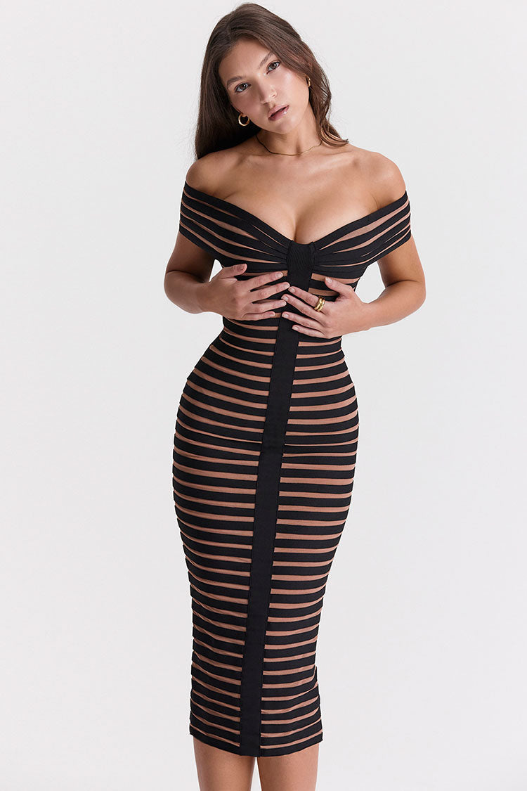 Contrast Stripe Bandage Off-Shoulder Sweetheart Bodycon Midi Dress 2