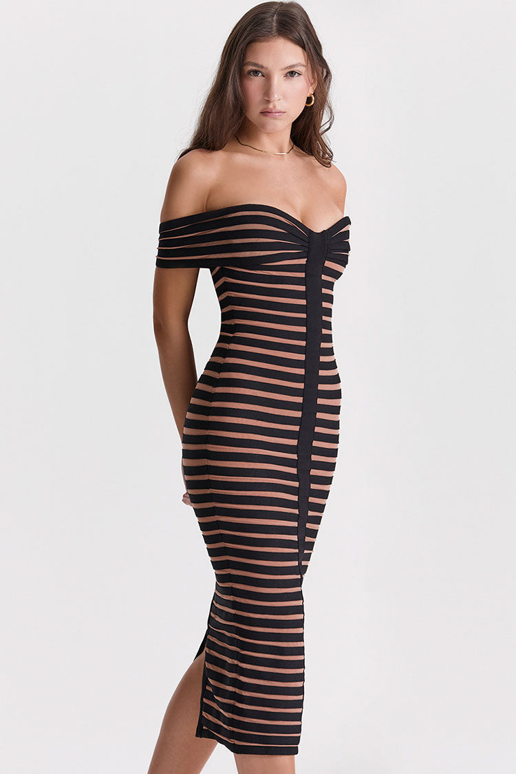 Contrast Stripe Bandage Off-Shoulder Sweetheart Bodycon Midi Dress 4