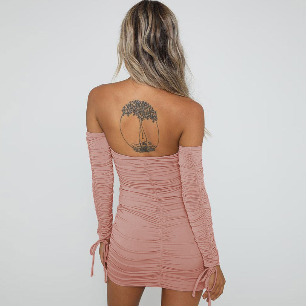 Off Shoulder Long Sleeve Sweetheart Tie Front Diamond Cutout Ribbed Mini Dress 3