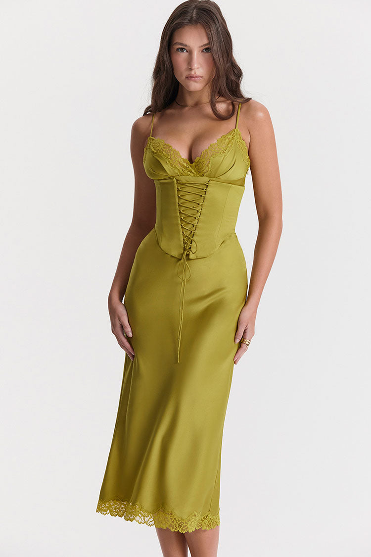 Lace Up Corset V Neck Lace Trim Satin Slip Midi Dress