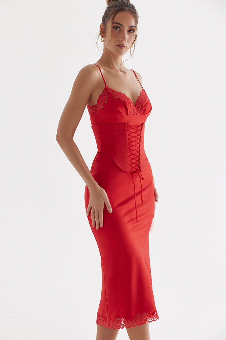 Lace Trim Lace Up Corset Waist Spaghetti Strap Slip Midi Dress 3