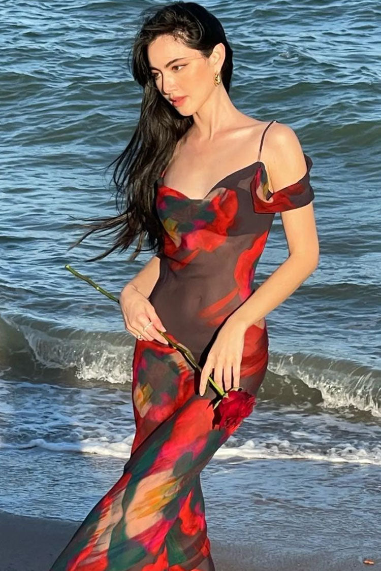 Abstract Floral Print Mesh Spaghetti Strap Off Shoulder Maxi Dress