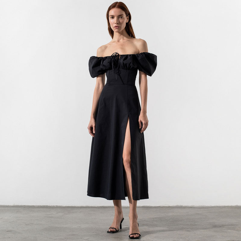 Off Shoulder Puff Sleeve Tie Front Keyhole High Slit Midi Dress