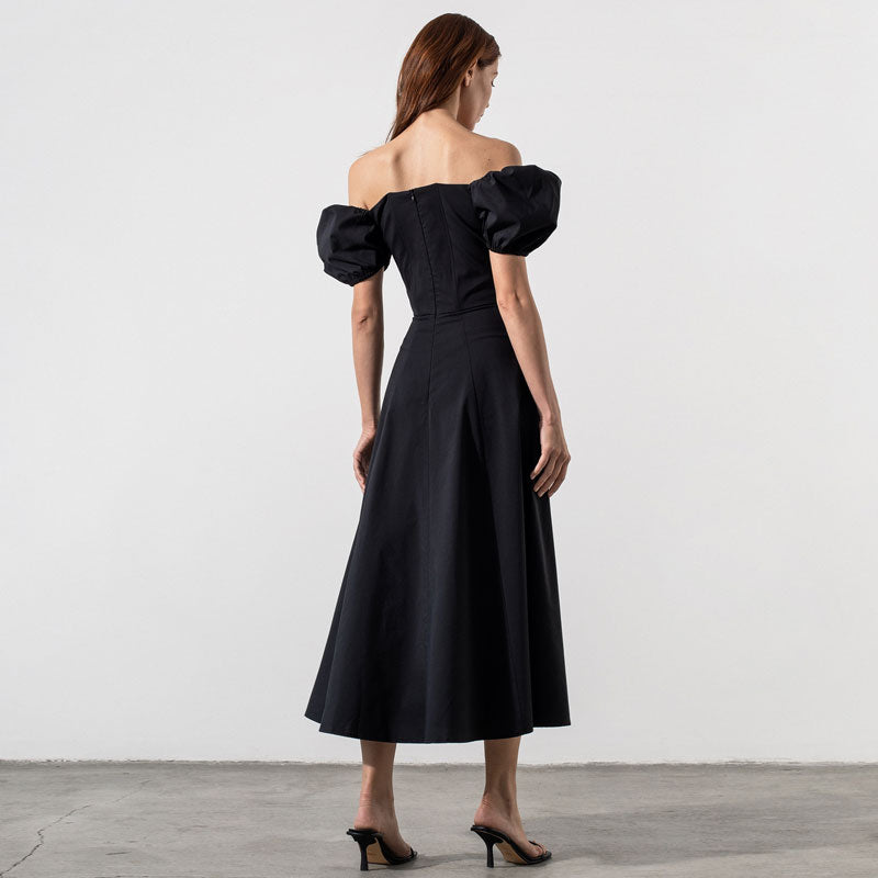 Off Shoulder Puff Sleeve Tie Front Keyhole High Slit Midi Dress 3
