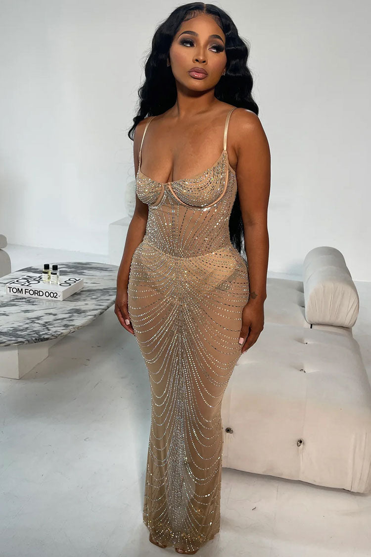Rhinestone Corset Sheer Mesh High Split Maxi Dress