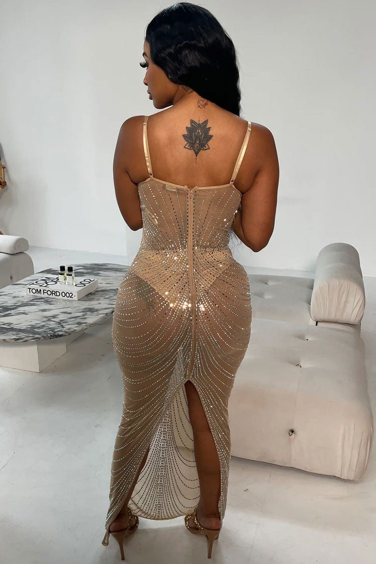 Rhinestone Corset Sheer Mesh High Split Maxi Dress 2