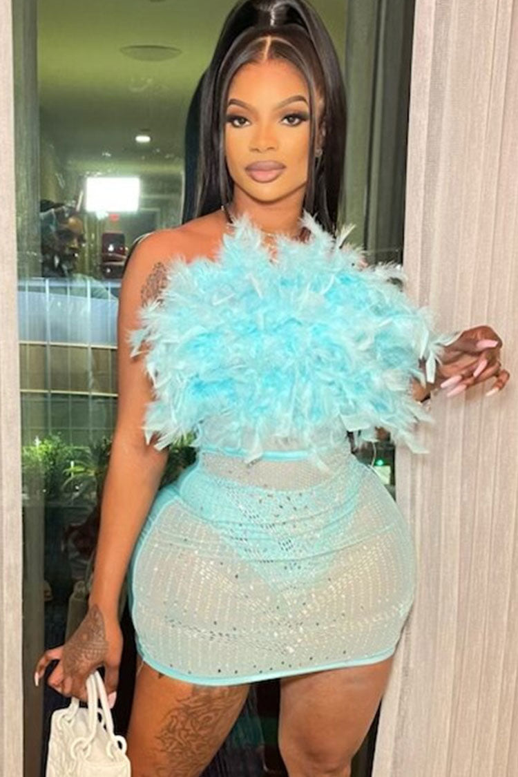 Feather Trim Tube Top Rhinestone Mesh Bodycon Mini Skirt Set