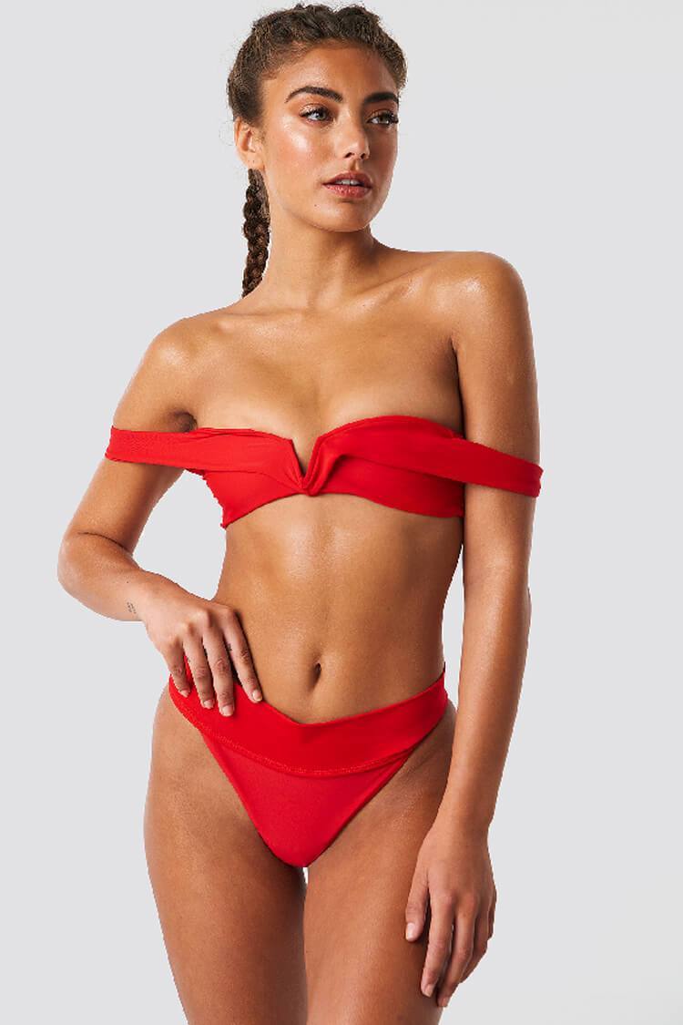 Sexy Sleeved Notch Front Off Shoulder Bikini Swimsuit - Two Piece Set