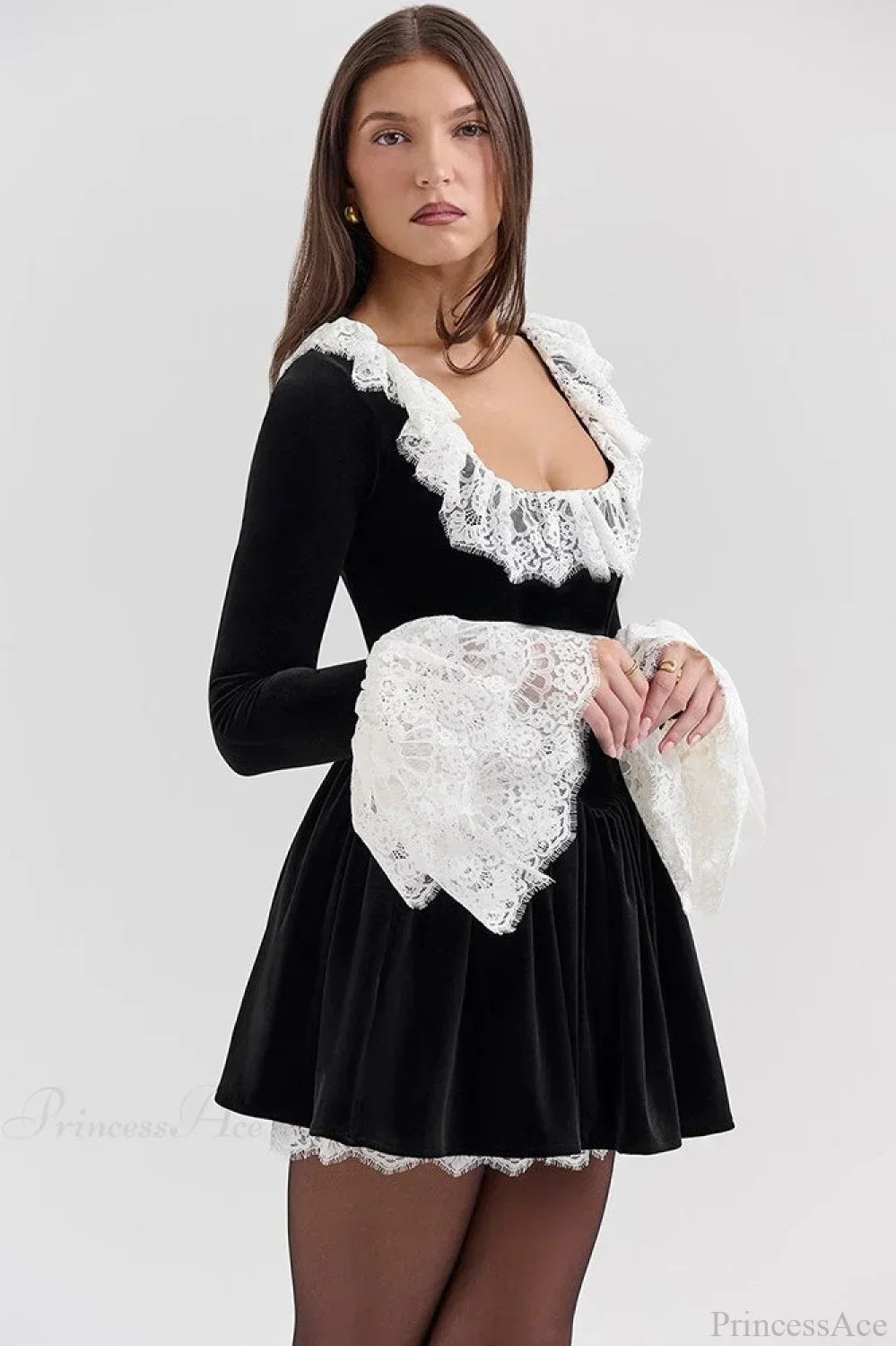 Velvet Square Neck Lace Trim Bell Sleeve Ruffle Skirt Mini Dress 3