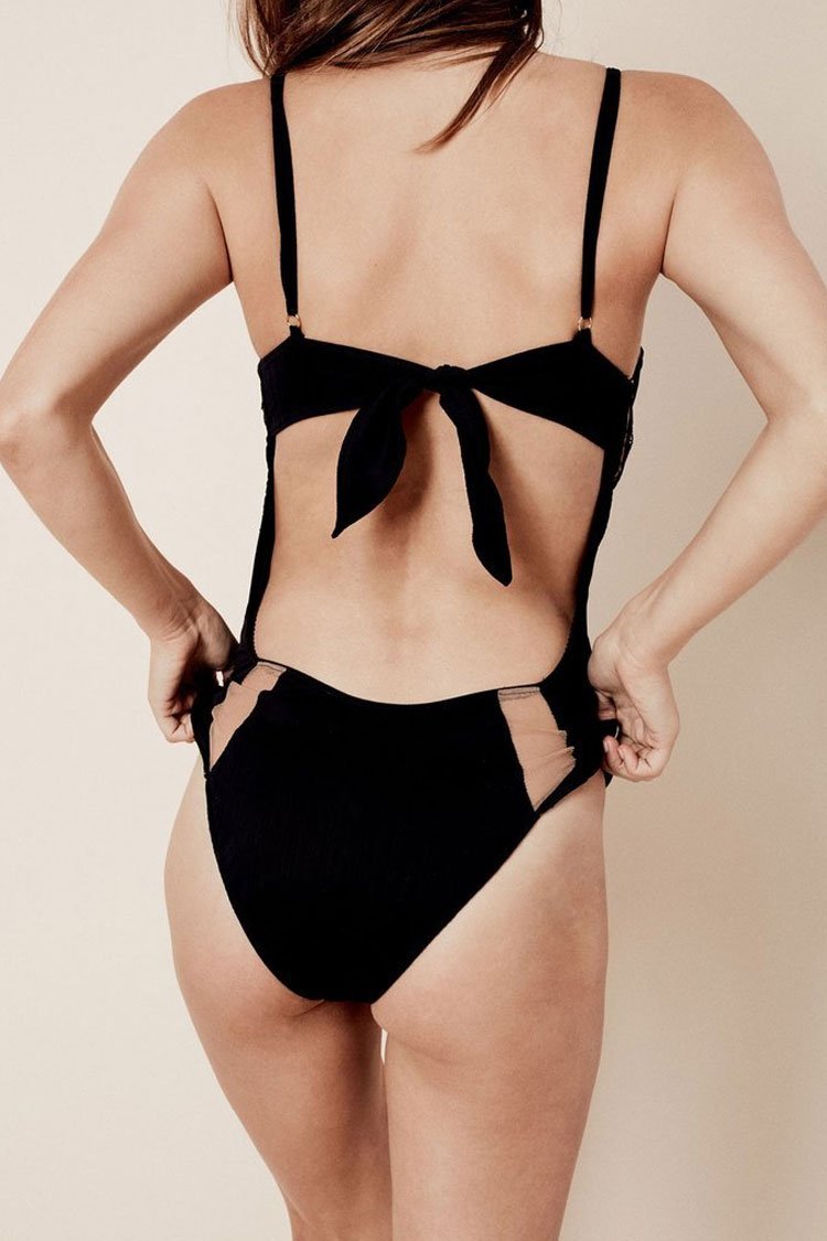 Sexy Tie Back Push Up Lacework Splicing Mesh One Piece Swimsuit