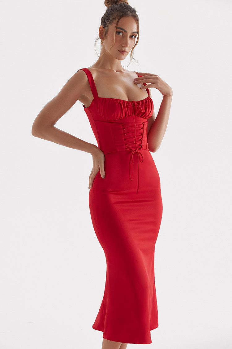 Square Neck Ruched Bust Wide Strap Lace Up Corset Midi Dress 3