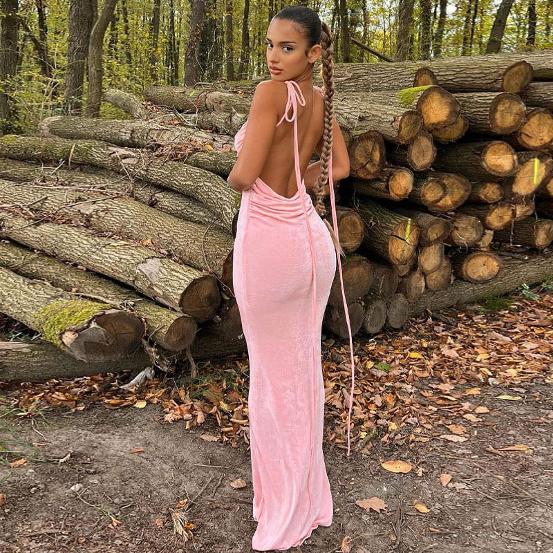Tie Shoulder Cowl Neck Ruched Trim Backless Maxi Dress 3